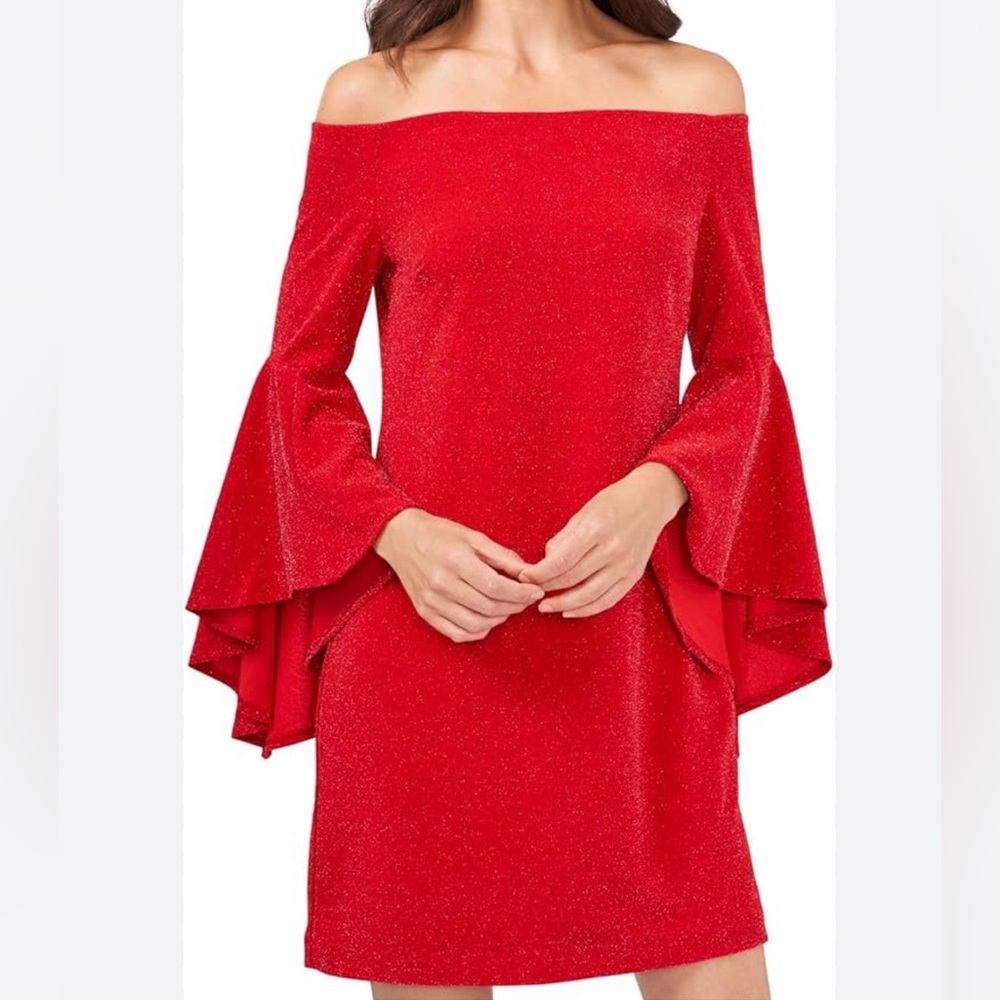 Vince Camuto Red Off-Shoulder Long Sleeve Dress